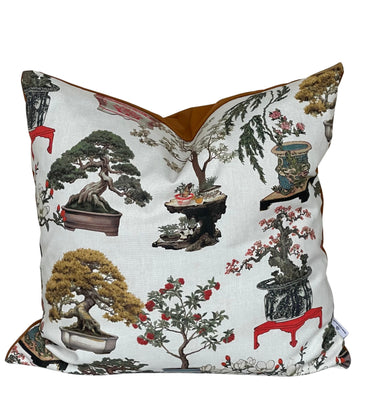 White cushion cover with Oriental bonsai tree and pottery illustration